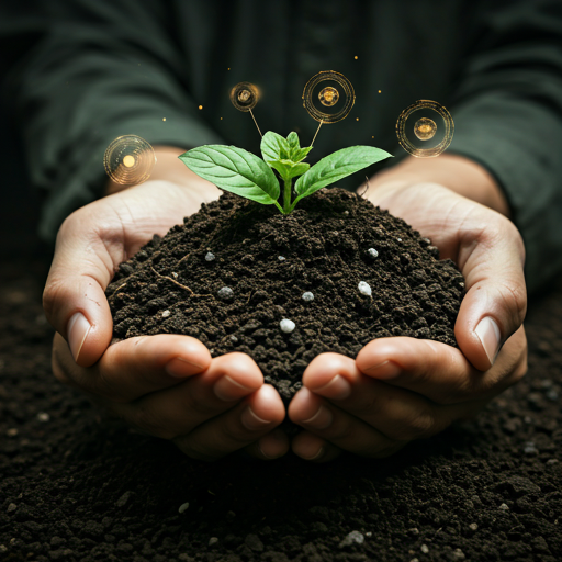 Nutrient rich soil held by hands with high tech overlay